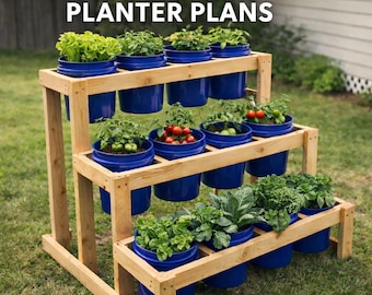Planos para soporte de macetas de 3 niveles, estante de jardín vertical DIY con 12 cubos de 5 galones, ahorra espacio.