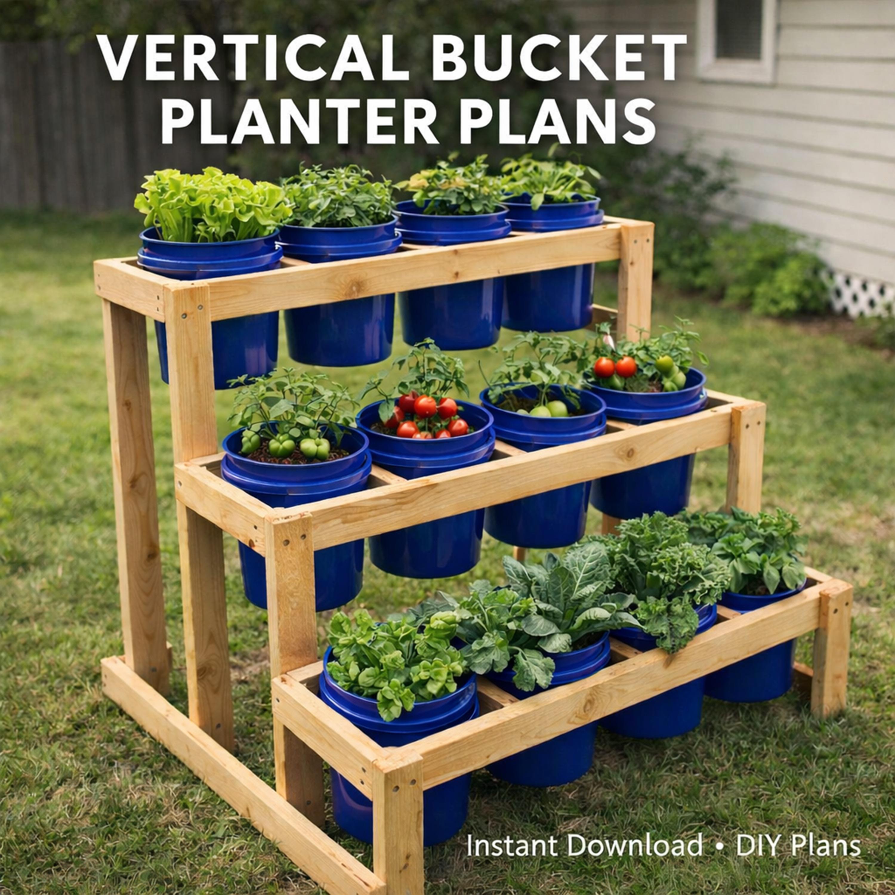 3-tier Bucket Planter Stand Plans DIY Vertical Garden Rack 12x 5-gallon ...