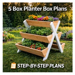 May include: A three-tiered wooden planter box with white supports, filled with colorful flowers and plants. The text "5 Box Planter Box Plans" and "STEP-BY-STEP PLANS" are displayed at the top and bottom of the image, respectively. The planter is set in a grassy garden.