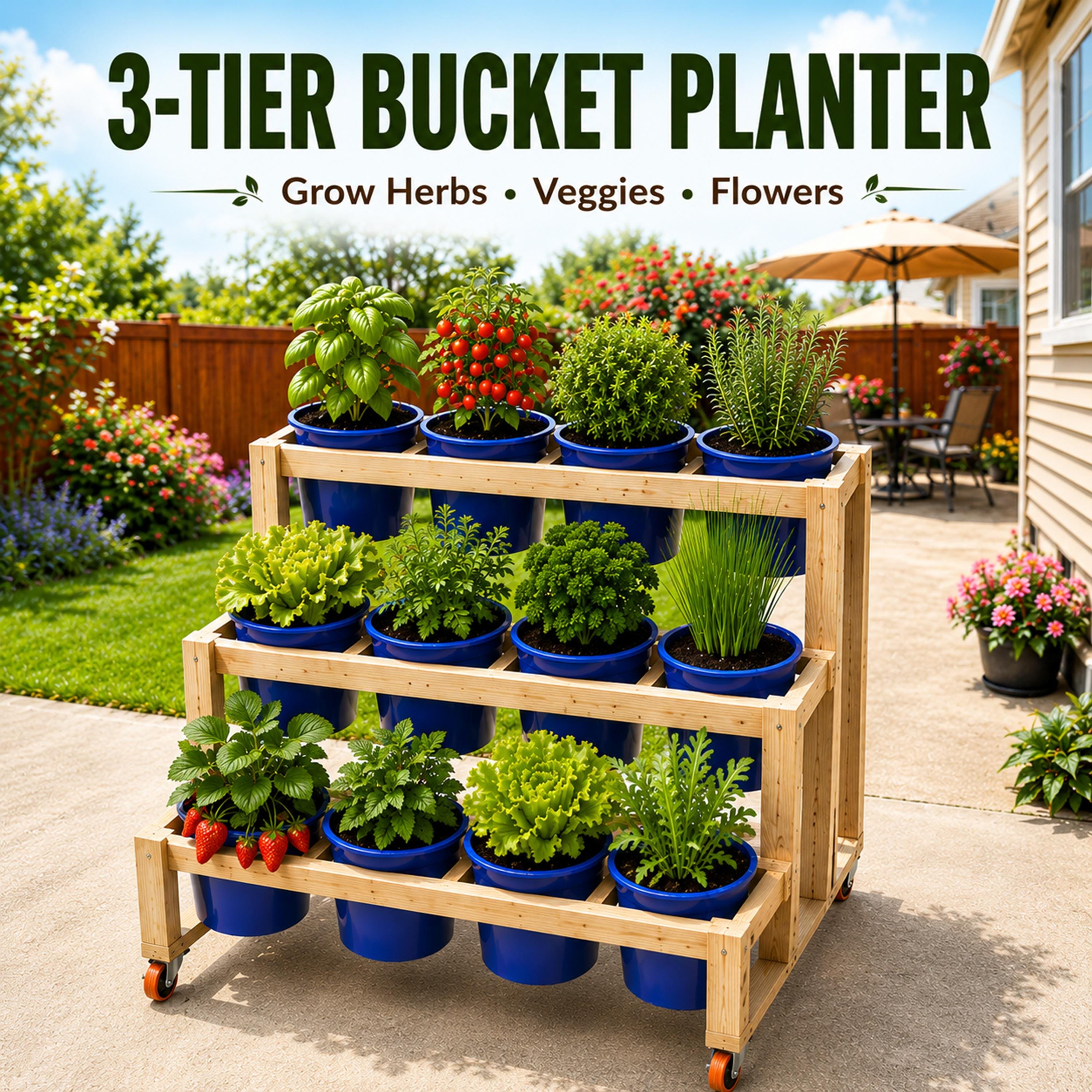 3-tier Rolling Bucket Planter Stand Plans DIY Vertical Garden Rack 12x ...