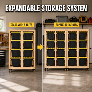 Puede incluir: Sistema de almacenamiento expandible con marcos de madera y contenedores negros con tapas amarillas. El sistema comienza con 8 contenedores y se expande a 16. El texto "EXPANDABLE STORAGE SYSTEM" est&aacute; en la parte superior.