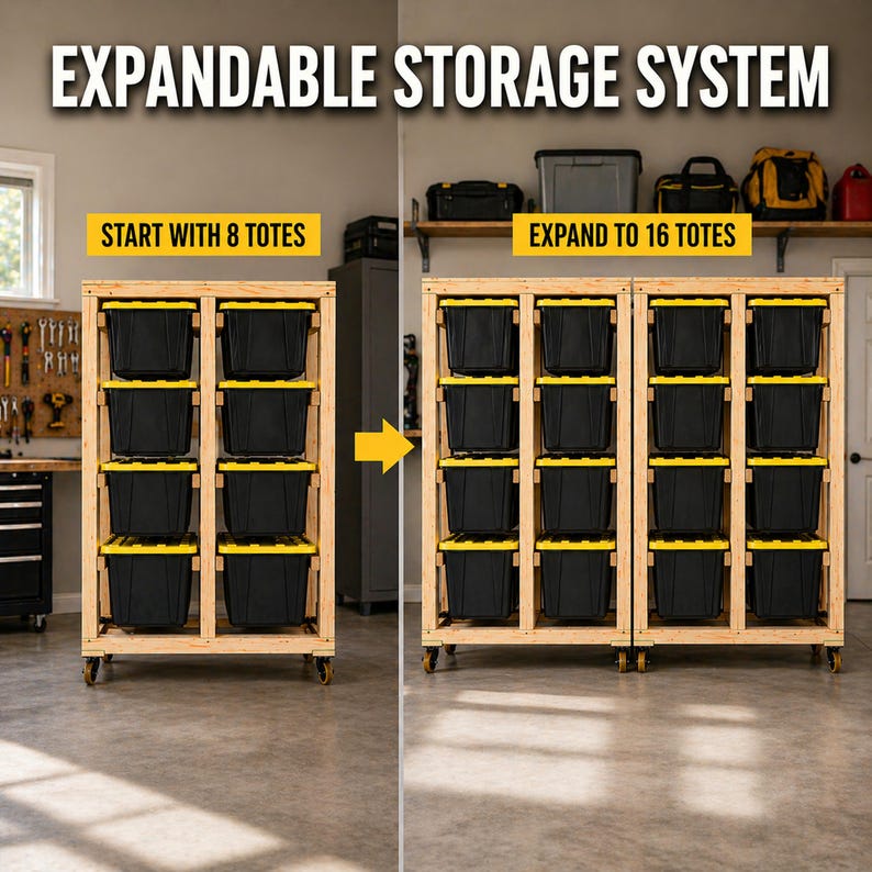 Puede incluir: Sistema de almacenamiento expandible con marcos de madera y contenedores negros con tapas amarillas. El sistema comienza con 8 contenedores y se expande a 16. El texto "EXPANDABLE STORAGE SYSTEM" est&aacute; en la parte superior.