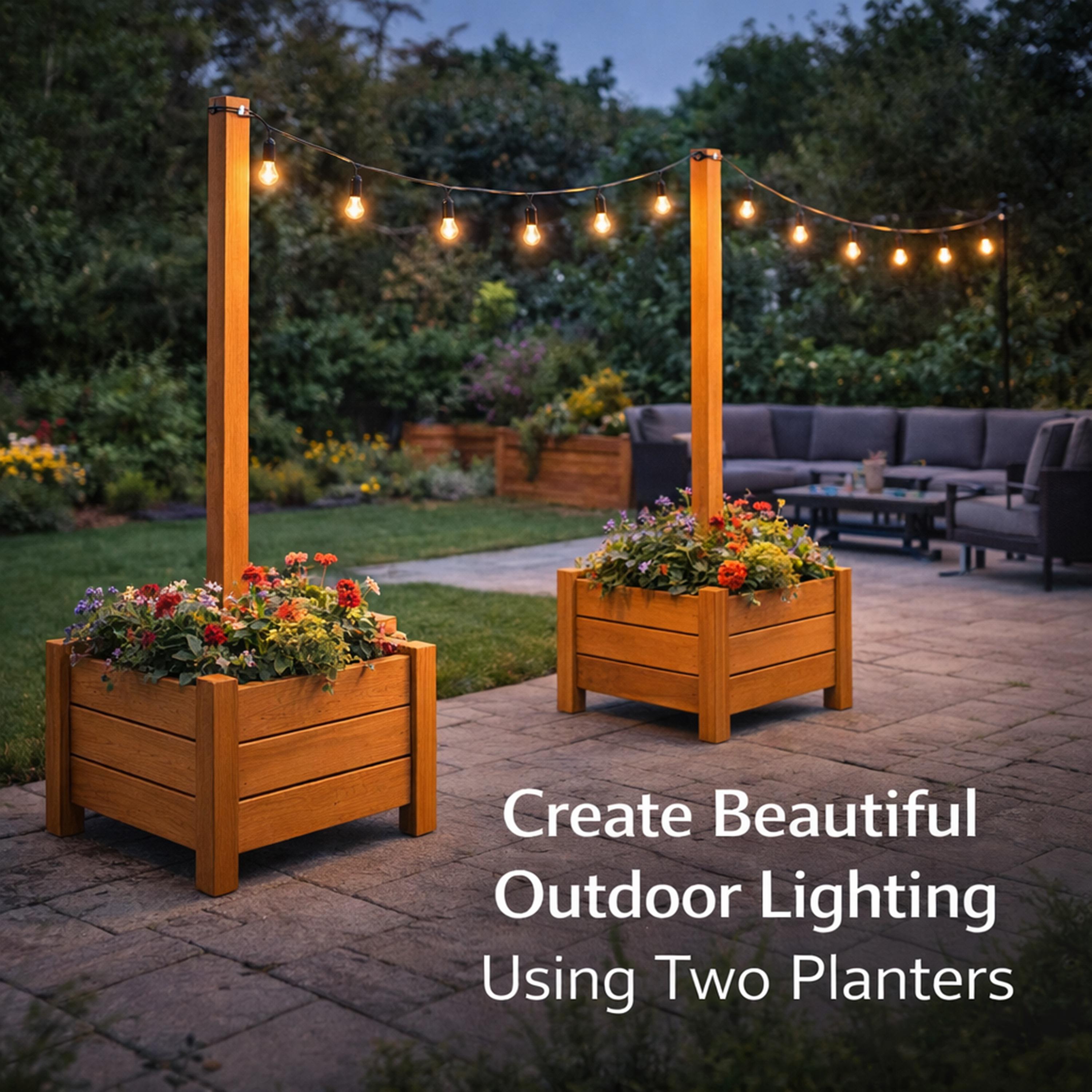 Cedar Planter Box With String Light Post | Outdoor Patio Lighting Stand ...