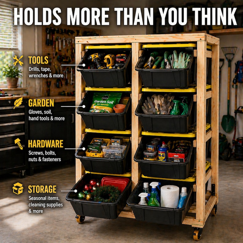 Puede incluir: Un carro de almacenamiento de madera con contenedores negros y tapas amarillas, llenos de herramientas, suministros de jardiner&iacute;a, ferreter&iacute;a y art&iacute;culos de temporada. El texto "HOLDS MORE THAN YOU THINK" est&aacute; en la parte superior.