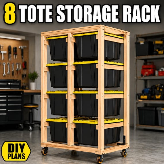 27 Gallon Tote Storage Rack Plans 8 Bin Garage Organizer Rolling Workbench DIY PDF
