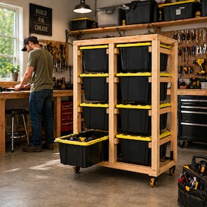 Puede incluir: Un estante de almacenamiento de madera con m&uacute;ltiples contenedores negros con tapas amarillas. El estante est&aacute; sobre ruedas y se encuentra en un taller. El letrero en la pared dice "BUILD FIX CREATE".