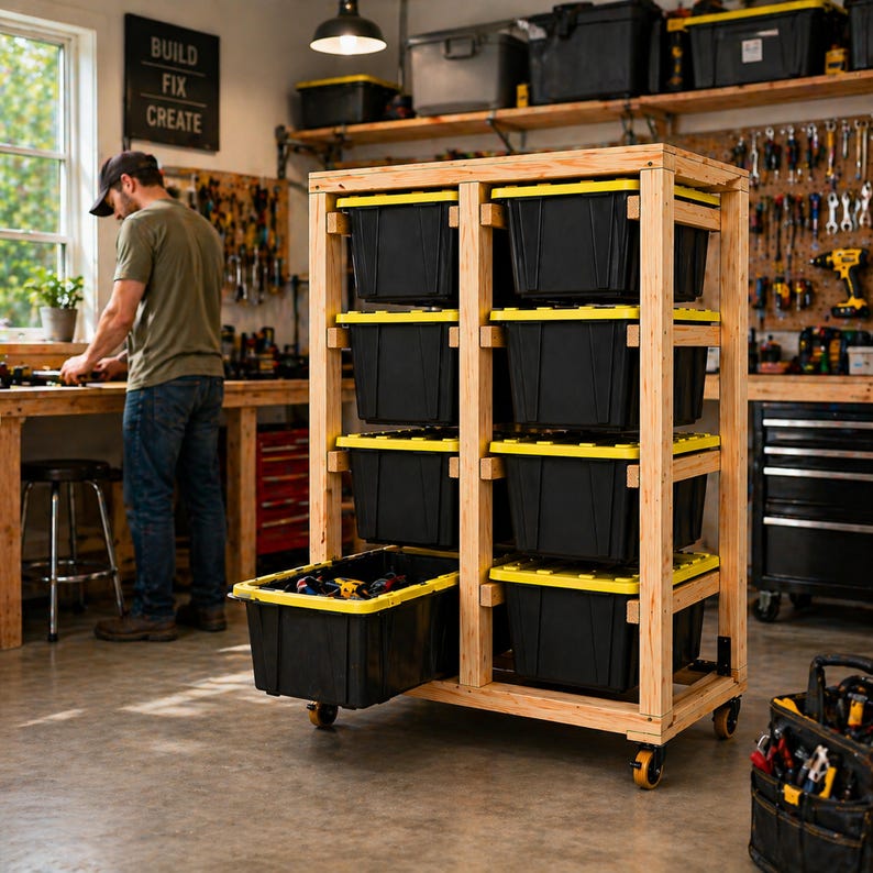 Puede incluir: Un estante de almacenamiento de madera con m&uacute;ltiples contenedores negros con tapas amarillas. El estante est&aacute; sobre ruedas y se encuentra en un taller. El letrero en la pared dice "BUILD FIX CREATE".