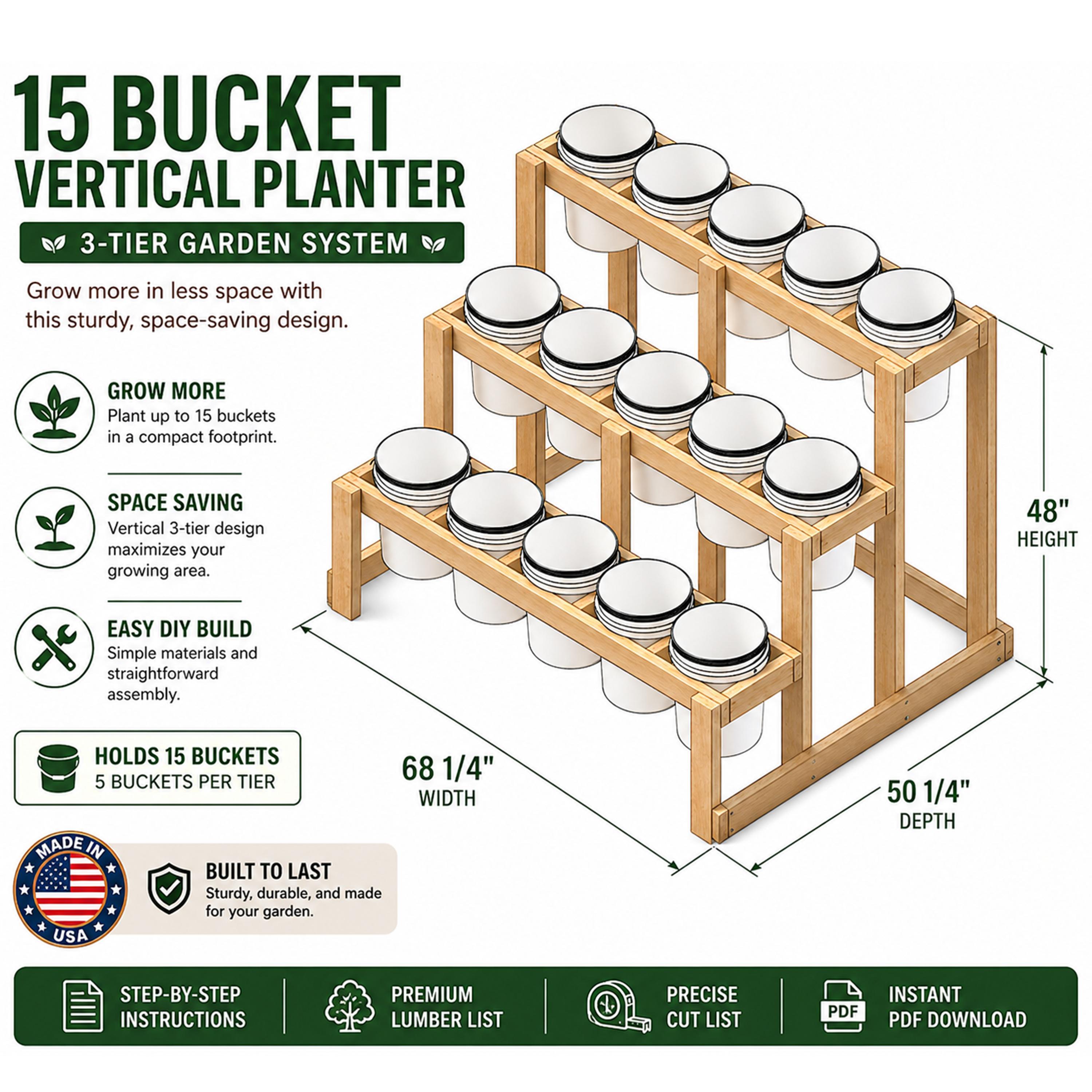 3-tier Bucket Planter Stand Plans DIY Vertical Garden Rack 15x 5-gallon ...