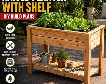 May include: A wooden raised planter with a shelf, filled with green plants. The planter is made of natural cedar and measures 48"W x 18"D x 32"H. Text on the image reads "RAISED PLANTER WITH SHELF" and "BUILD IT YOURSELF!"