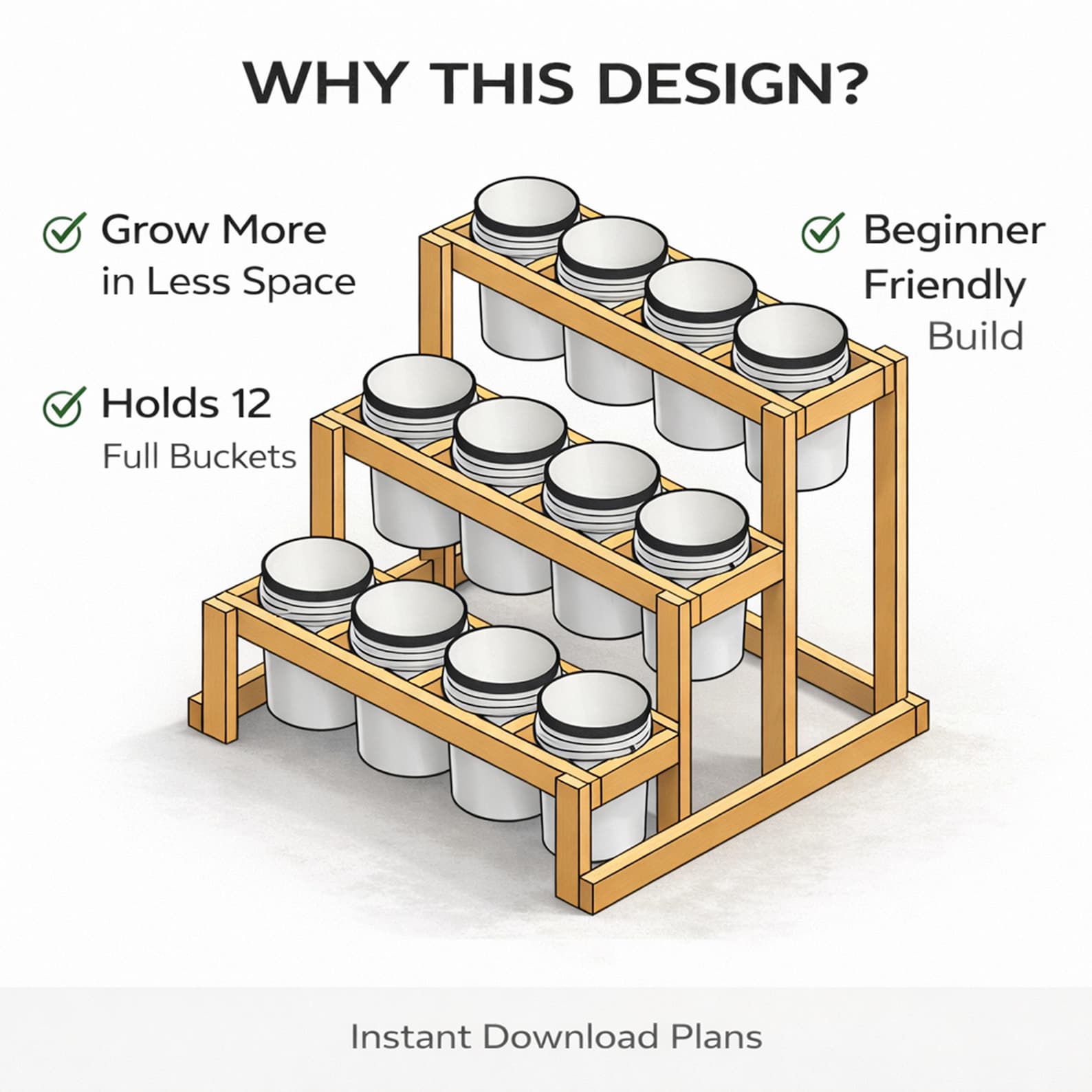 3-tier Bucket Planter Stand Plans DIY Vertical Garden Rack 12x 5-gallon ...