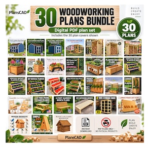 Könnte beinhalten: Ein digitales Set aus 30 Holzbauplänen von PlansCAD, mit PDF-Anleitungen für Schuppen, Hühnerställe, Brennholzlager, verschiedene Pflanzkästen, Bänke, einen Picknicktisch, ein Lagerregal und Vogelhäuser. Enthält Text zum Sofort-Download.