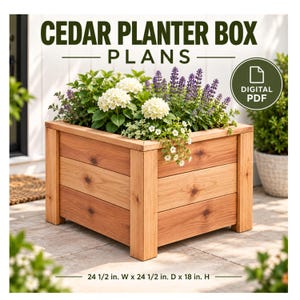 May include: A square cedar planter box with horizontal wood slats and vertical corner posts. The text reads CEDAR PLANTER BOX PLANS and DIGITAL PDF. Dimensions are 24 1/2 in. W x 24 1/2 in. D x 18 in. H. The box contains white and purple flowers.