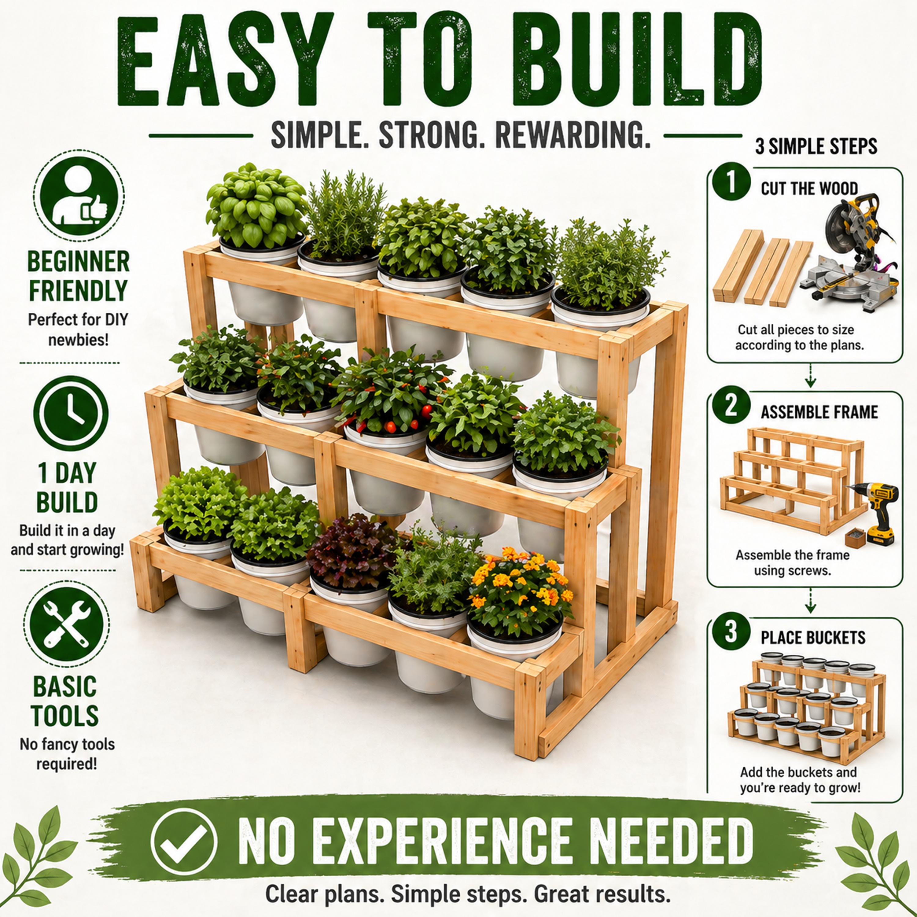 3-tier Bucket Planter Stand Plans DIY Vertical Garden Rack 15x 5-gallon ...