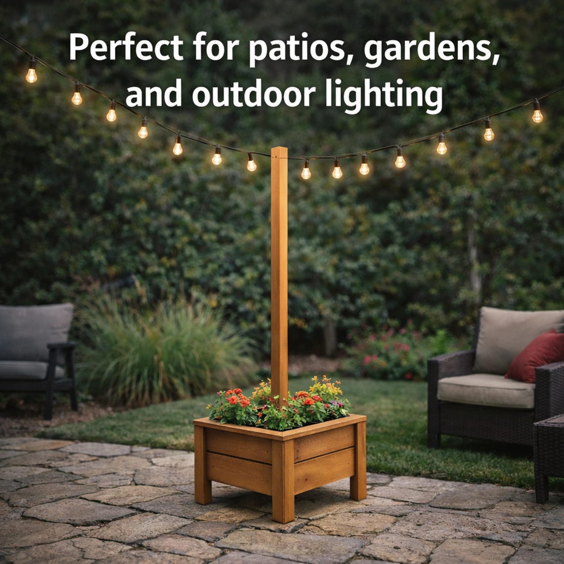 Cedar Planter Box With String Light Post | Outdoor Patio Lighting Stand ...