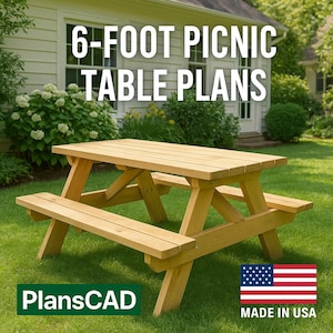 May include: A wooden picnic table with attached benches, set on a grassy lawn. The table is approximately 6 feet long. Text on the image reads "6-FOOT PICNIC TABLE PLANS", "PlansCAD", and "MADE IN USA" with an American flag.