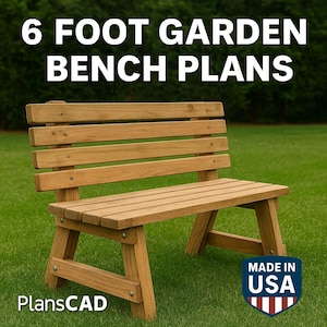 May include: A wooden garden bench with a slatted back and seat, approximately 6 feet long. The bench is made of light brown wood and is set on a green lawn. Text on the image reads "6 FOOT GARDEN BENCH PLANS" and "MADE IN USA".