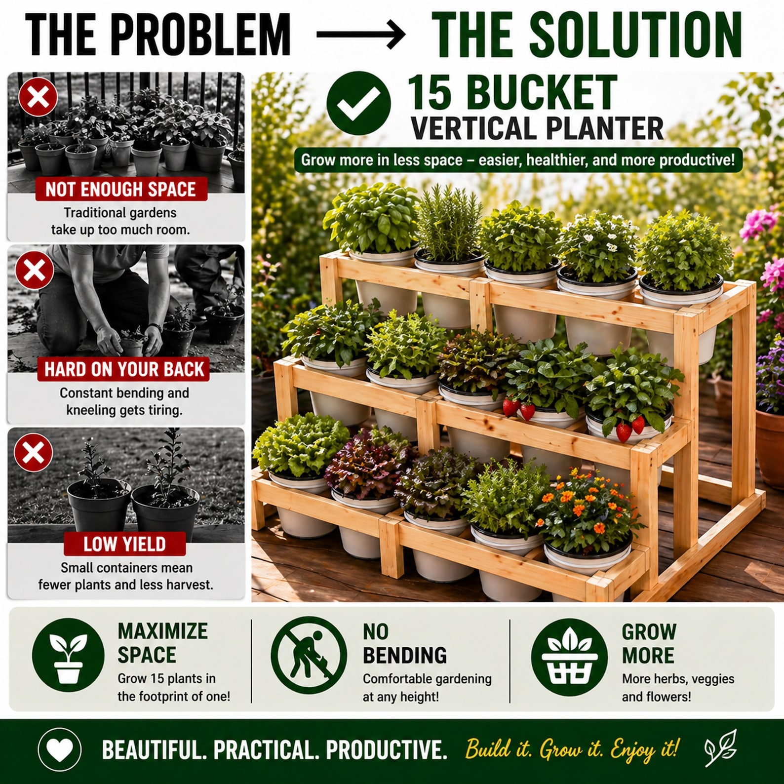 3-tier Bucket Planter Stand Plans DIY Vertical Garden Rack 15x 5-gallon ...