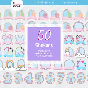 Op de afbeelding: Een verzameling van 50 shaker-ontwerpen met gelaste banners en de cijfers 0-9. De ontwerpen bevatten verschillende vormen, waaronder sterren, harten en bogen, in pastelkleuren met roze en blauwe accenten. De tekst "50 Shakers" wordt weergegeven.