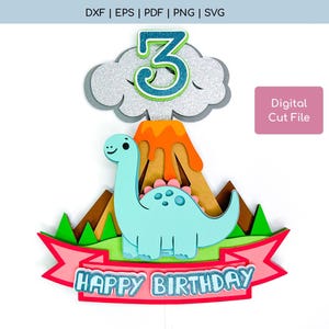 Dinosaurus taarttopper SVG - Dino SVG - dinosaurusfeest SVG - t-rex gelaagd gesneden bestand - inclusief gelaagde cijfers van 0 tot 9 - digitale download