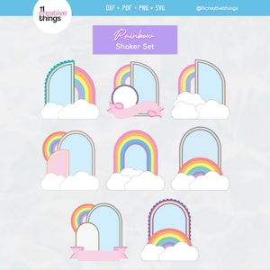 May include: A collection of colorful rainbow shaker designs. Each design features a rainbow, clouds, and a decorative frame. The text "Rainbow Shaker Set" is displayed above the designs. The designs are in a variety of pastel colors.