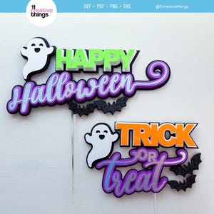 Happy Halloween und Süßes oder Saures Kuchen Topper SVG Vorlage (Digitaler Download) Bild 1