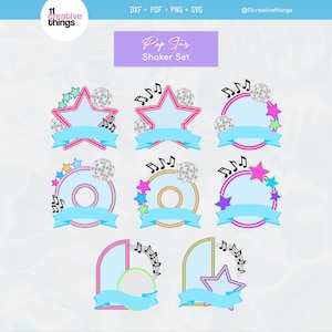 Può includere: Un set di design Pop Star shaker colorati. Ogni design presenta una stella, un cerchio o un arco con una palla da discoteca, note musicali e un banner. I design sono in tonalità di rosa, blu, giallo e verde.