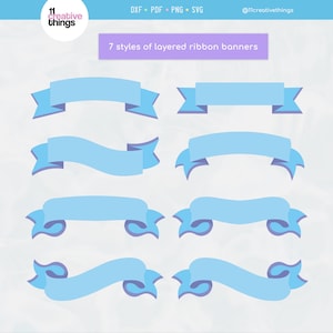 Bannière de ruban SVG - bannières de ruban en couches pour décorations de gâteaux - 7 styles en svg, pdf, dxf et png - instructions incluses - téléchargement numérique