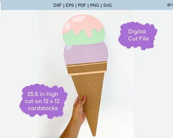 Puede incluir: Un archivo de corte digital para un cono de helado grande con tres bolas de helado. El helado es rosa, verde y morado. El cono es marrón y tiene una textura de waffle. El cono de helado mide 25,5 pulgadas de alto y se puede cortar en cartulina de 12x12.