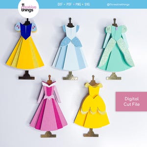 Robes de princesse SVG - couches de princesse SVG - fichier de modèle de 5 robes de princesse - instructions incluses - téléchargement numérique