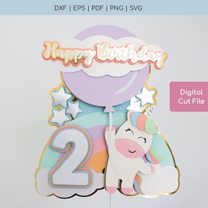 ユニコーン ケーキ トッパー SVG - ユニコーン SVG - ケーキ トッパー SVG - 0 から 9 までのレイヤー化された数字が含まれています - デジタル ダウンロード