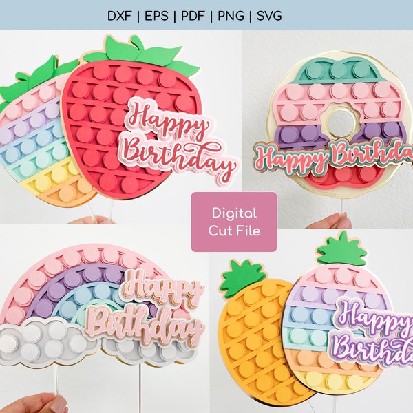 Pop It Cake Topper SVG - Fidget Cake Topper SVG - Includes Donut, Rainbow, Strawberry, and Pineapple Pop Its Digital Cut Files