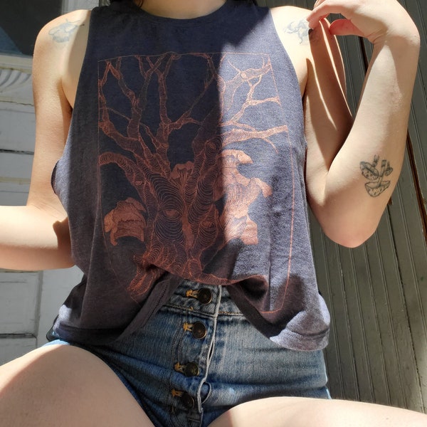Hand printed "tree of life" blue tank top with rose gold ink
