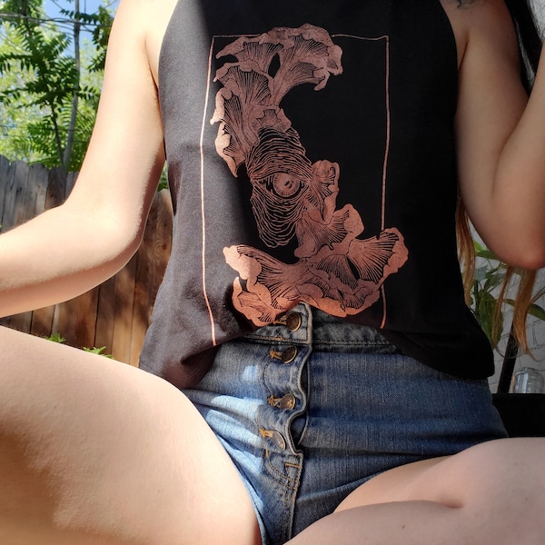 Hand printed "all seeing eye" black tank top with rose gold ink
