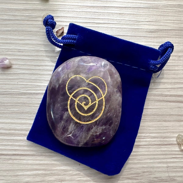 Ascended Heart Amethyst Engraved Palm Stone | Natural Crystal Pocket Stone | Witchy gift