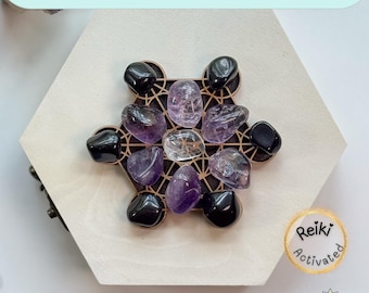 Metatron, Juego de cristales y plantilla para crystal grid. Caja incluida