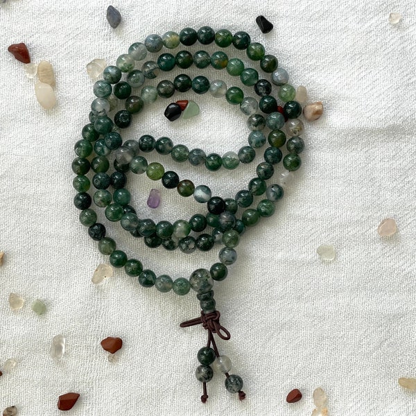 Moss Agate 108 Prayer Bead collar & Wrist Mala