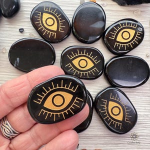 Third Eye - Evil Eye: Natural Obsidian Engraved Palm Stone | Crystal Pocket Stone