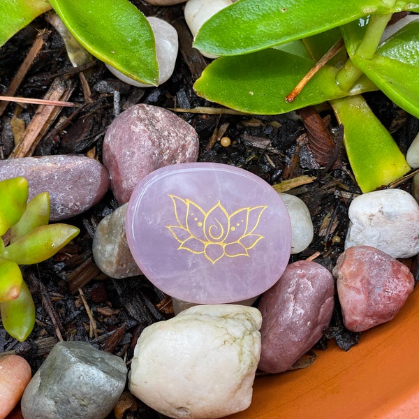 Lotus Flower Rose Quartz Engraved Palm Stone | Crystal Pocket Stone