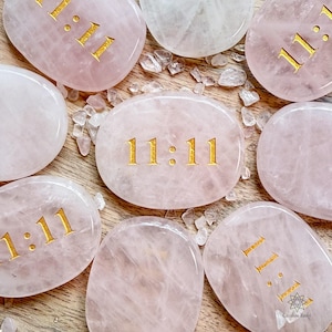 Angel Number 11:11 Rose Quartz Engraved Palm Stone | Crystal Pocket Stone | Angel Numbers Stone