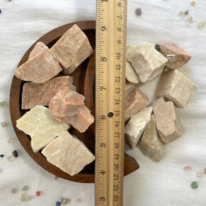 May include: A collection of pink and white selenite crystals in a wooden crescent moon-shaped dish. The crystals are various sizes and shapes. A ruler is next to the dish for scale.