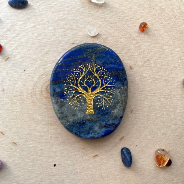 Tree of Life Lapis Lazuli Engraved Palm Stone | Crystal Pocket Stone | Wisdom Keeper Stone