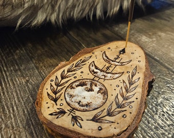 Woodburned Incense Holder - Rustic 4" Boho Meditation Art Pyrography, Spiritual Healing, Natural Wood Rounds, Custom Order Home Decor