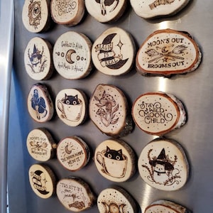 Edgy & Magic, Moon Love, Mystical Magnets -Woodburned- Kitchen, Home Decor, Affirmations, Intention, Wild, Free Spirit, Wood Rounds