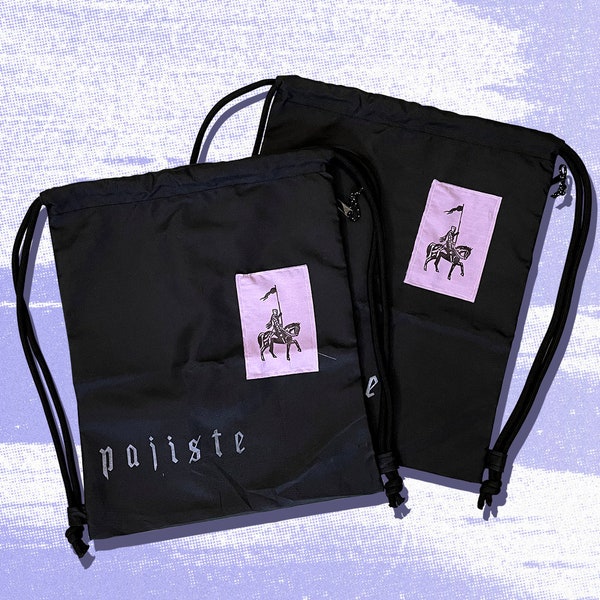 Sac Noir à cordons patch cousu et imprimé main | drawstring bag  | noir-lila | Skate Design | Custom | France |
