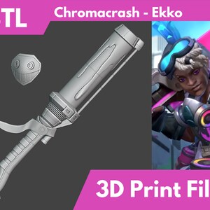 May include: A 3D printed model of a futuristic weapon, a gray and white gun with a handle and a long barrel. The weapon is designed to look like a futuristic version of a paint gun. The text "Chromacrash - Ekko" and ".STL 3D Print Files" are visible in the image.