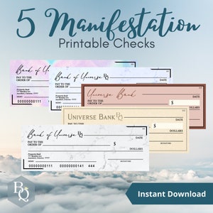 5 Manifestation Checks, Law Of Attraction Checks, Law Of Abundance Checks, Printable Manifest Checks, Vision Board