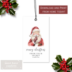 Secret Santa Christmas Gift Exchange Tag, From Your Secret Santa, Watercolor Santa Claus, Adult Christmas Party Favor