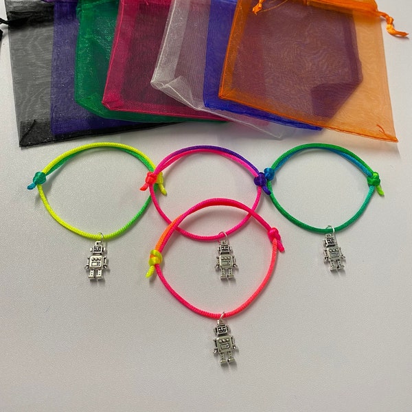 1 - 12 Rainbow ROBOTS adjustable friendship bracelets with gift bags, party bag fillers, adjustable bracelets, robot gifts loot bag fillers