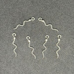 May include: Silver snake charms with a textured, scaled design. Each charm has a loop at the top for attaching to jewellery. The image shows six snake charms arranged on a dark grey surface.