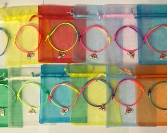 1 - 24 RAINBOW adjustable friendship bracelets with gift bags and rainbow charms, friendship bracelets, party bag fillers, loot bag fillers.